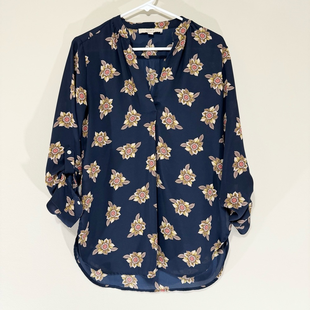 Loft Navy Floral Flow Long Sleeve Blouse Size XS